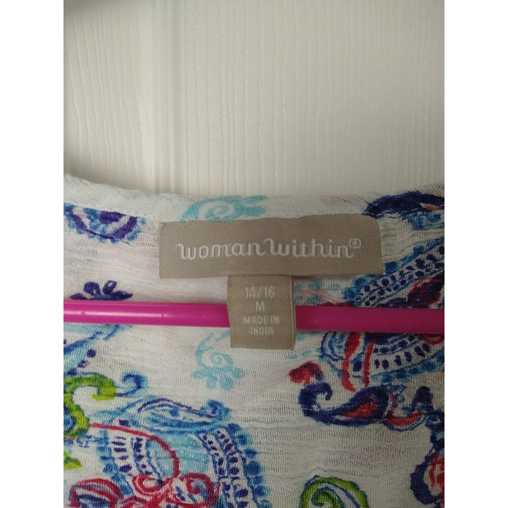 Woman Within 14/16 Tank Tunic White Paisley Button Front Casual Coastal Nautical - Picture 3 of 8